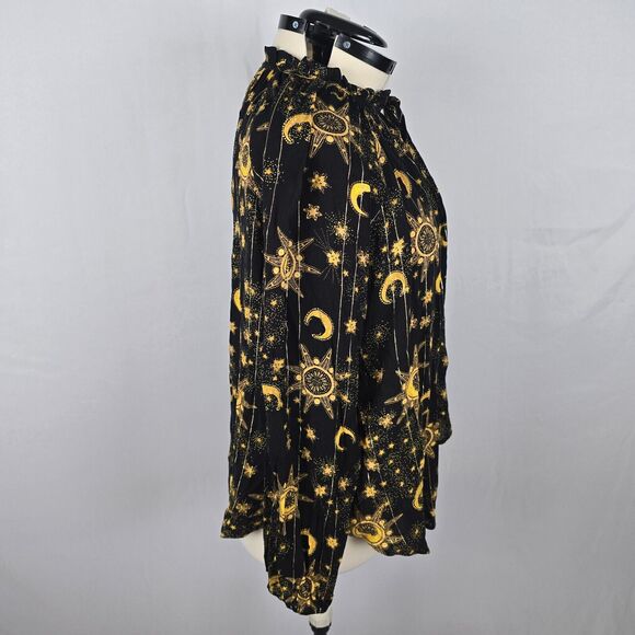 Torrid Blouse Women's 1X Black Gold Moon Print Long Sleeve Tie Mock Neck NWT - Picture 13 of 16